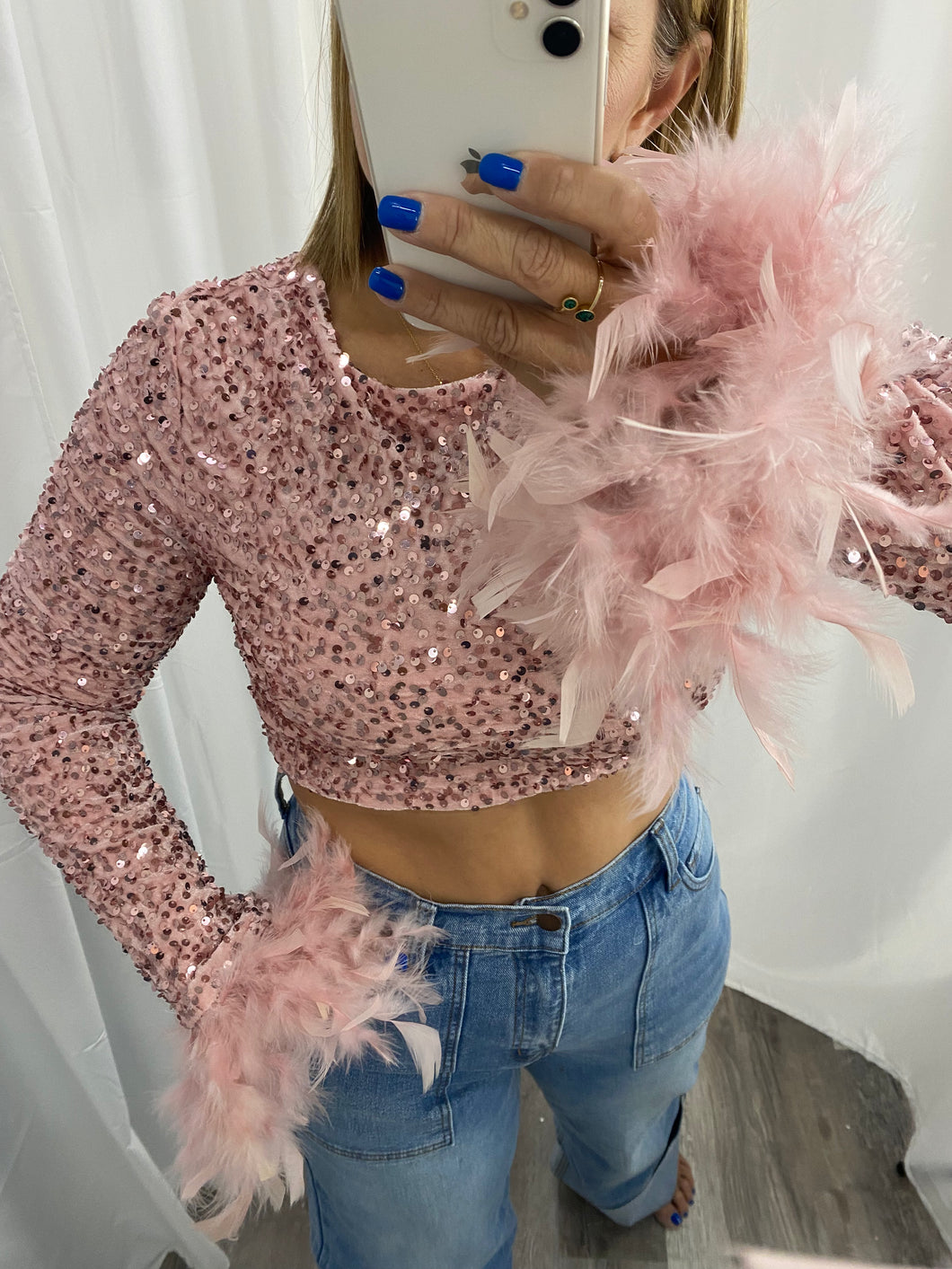 Pink Feather Sequin Crop Top